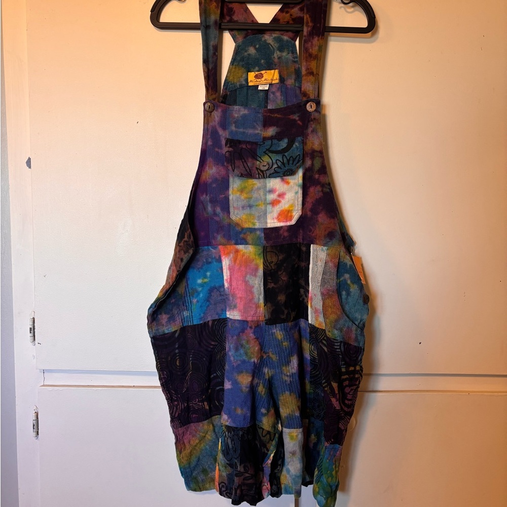 Tie dye patchwork short overall